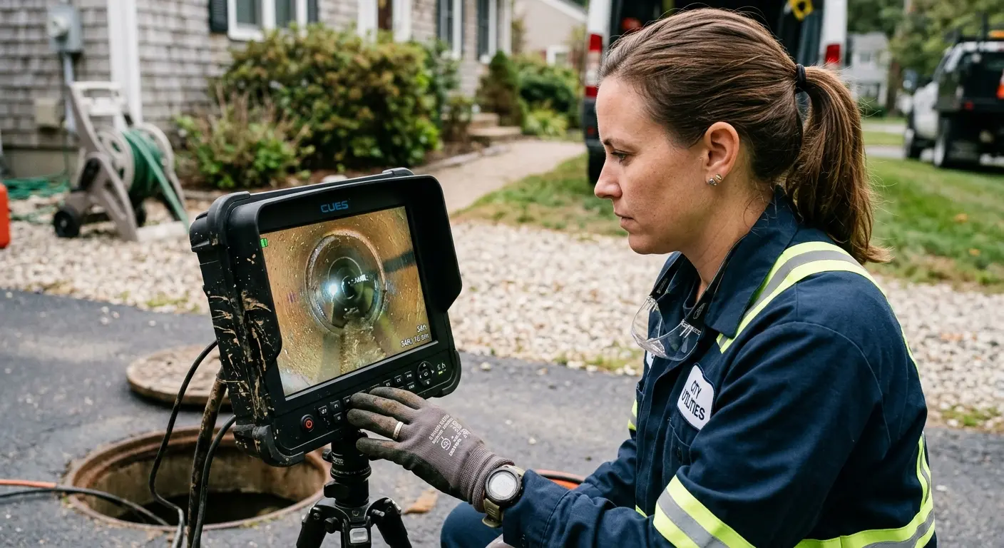 Technician reviewing sewer camera inspection footage in Fort Rucker