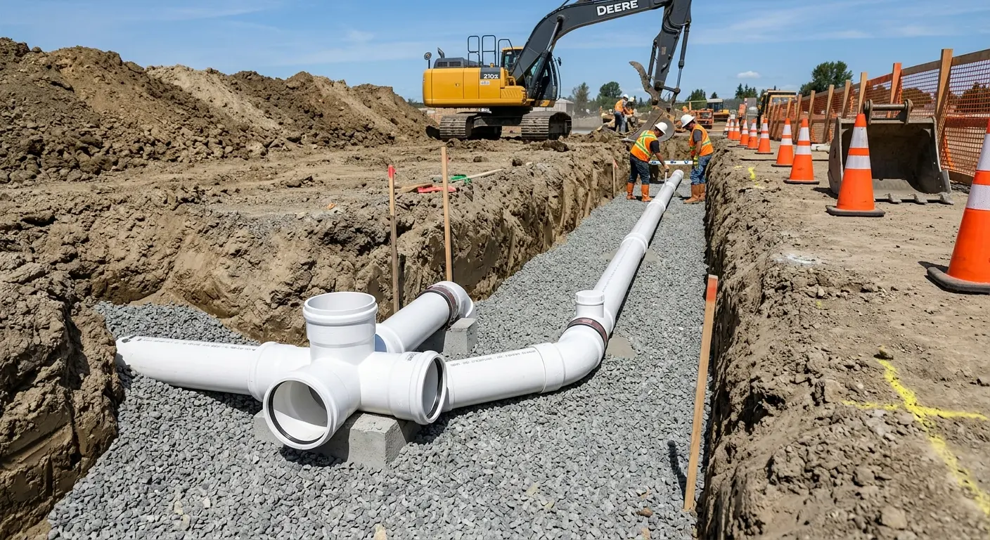 New PVC sewer pipe installation in open trench for Grease Trap Cleaning in Fort Rucker