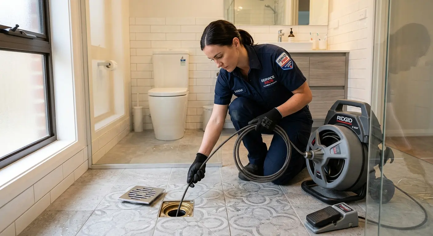 Technician clearing a bathroom floor drain for Hydro Jetting in Fort Rucker
